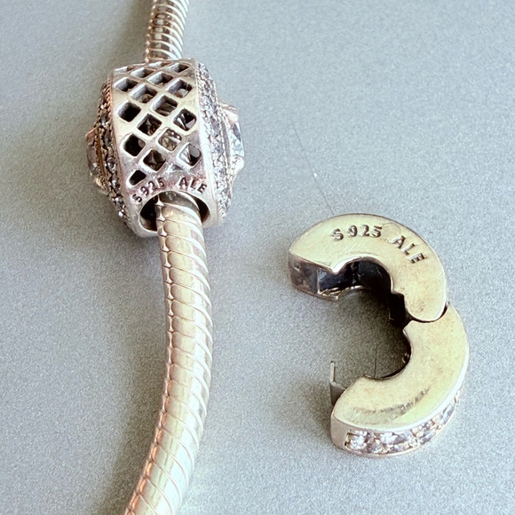 Pandora Sterling Silver 925 ALE Cable Bracelet Allure 2 Pave Clip Charms Retired - Picture 6 of 8